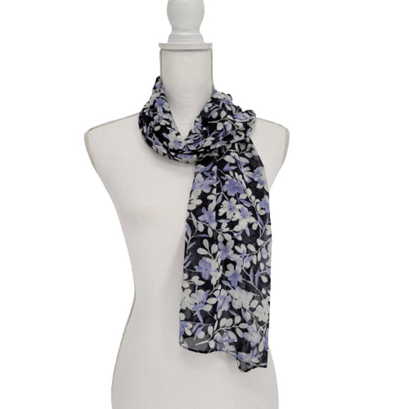 Sheer Chiffon Rectangle Scarf Navy Blue Floral - Picture 1 of 6